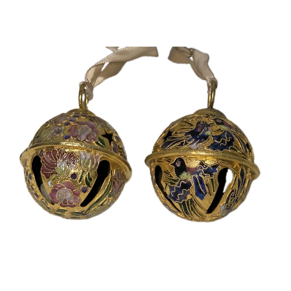 Vintage Cloisonne Enameled Christmas Bells Round Ornament Floral & Bird